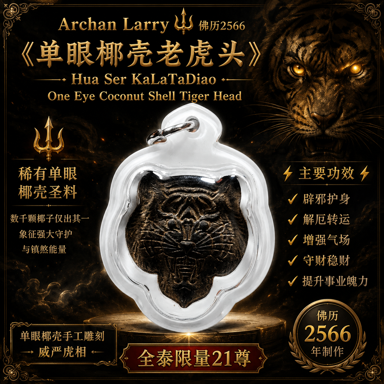 Archan Larry 单眼椰壳老虎头｜BE2566｜One Eye Coconut Shell Tiger Head｜限量21尊 | Jin Thai Fo Pai